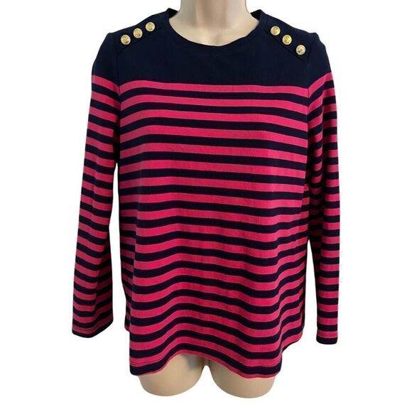 Kim Rogers Long Sleeve Striped Top Gold Sailor Buttons Size Petite Small Pink Bl - Picture 1 of 5
